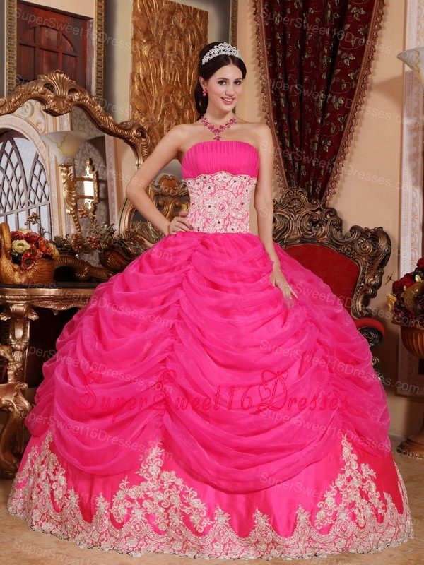 Lovely Hot Pink Sweet 16 Quinceanera Dress Strapless Organza Beading Ball Gown