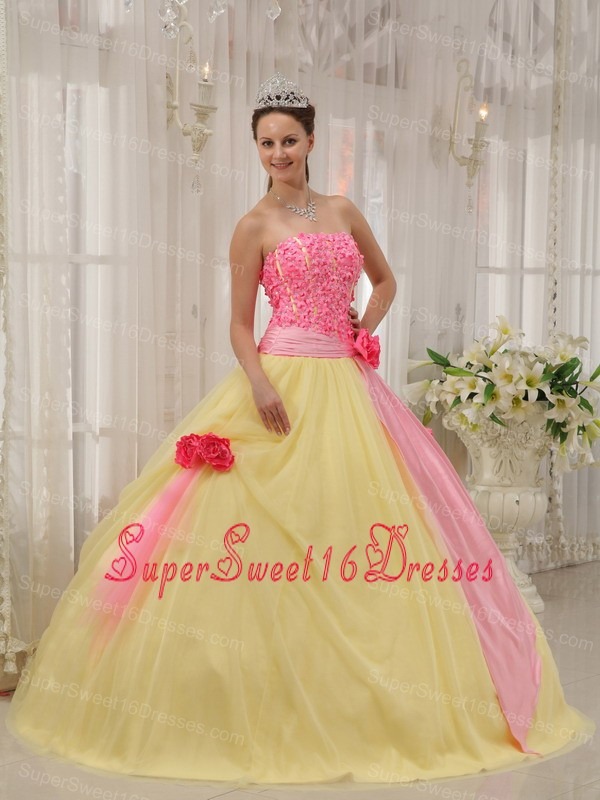 Modest Pink and Yellow Sweet 16 Dress Strapless Taffeta and Tulle Hand Made Flowers Ball Gown