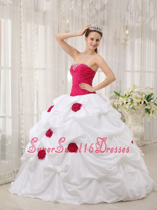 Sexy Hot Pink and White Sweet 16 Dress Strapless Taffeta Hand Made Flower Ball Gown