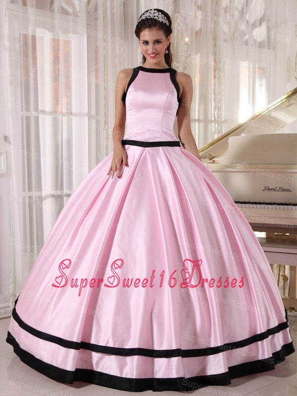 Affordable Baby Pink and Black Sweet 16 Dress Bateau Satin Ball Gown