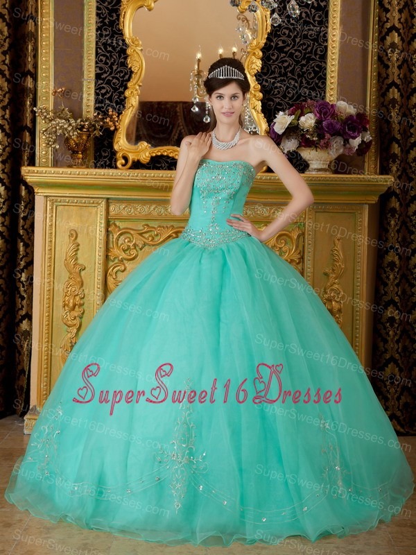 Affordable Turquoise Sweet 16 Dress Strapless Organza Beading Ball Gown