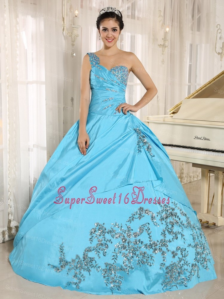 Baby Blue Sweet 16 Dress One Shoulder With Appliques and Beading 2013