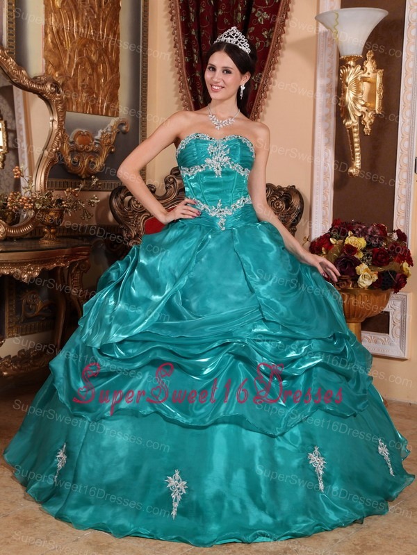 Brand New Turquoise Sweet 16 Dress Strapless Organza Appliques Ball Gown