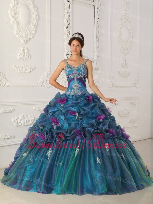 Classical Teal Sweet 16 Quinceanera Dress Straps Chapel Train Organza Ball Gown