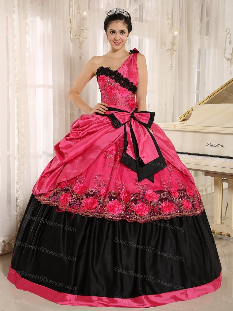 Hot Pink One Shoulder In Arcadia California For 2013 Sweet 16 Dress With Bowknot and Appliques