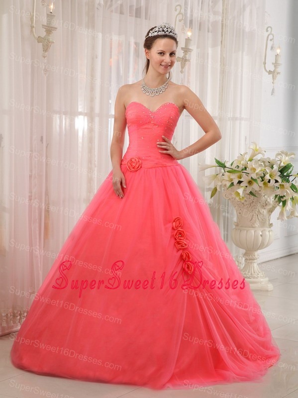 Modest Watermelon Red Sweetheart Tulle Beading Sweet 16 Dress Ball Gown