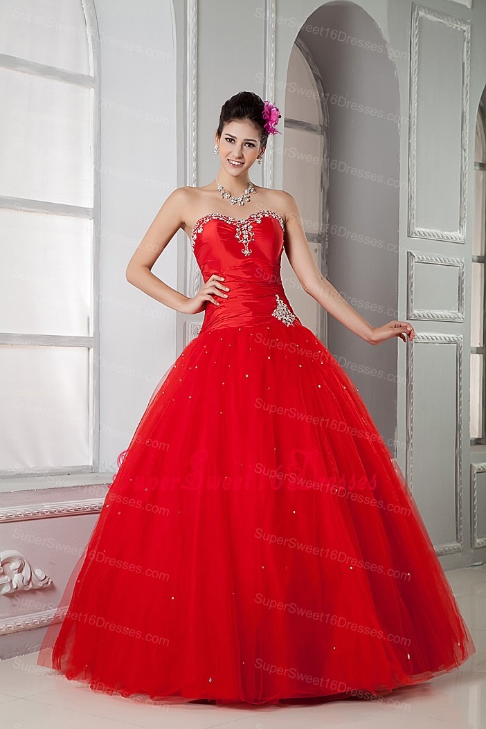 Red Sweet 16 Dress For Custom Made Ball Gown Sweetheart Tulle Beading Floor-length