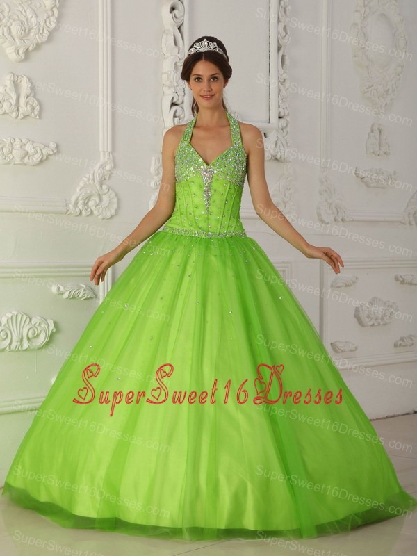 Simple Spring Green Sweet 16 Quinceanera Dress Halter Tulle Beading 