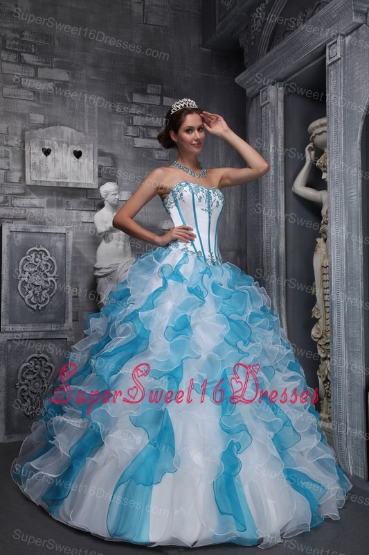 Sweet White and Sky Blue Sweet 16 Dress Sweetheart Taffeta and Organza Appliques Ball Gown