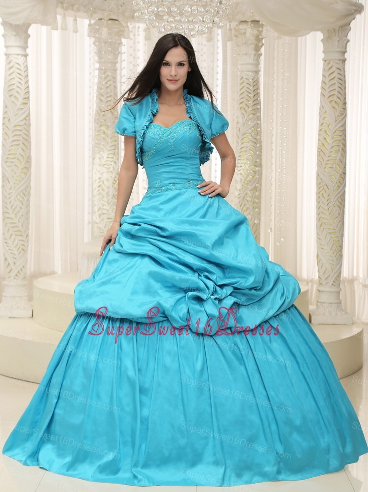 Teal Taffeta Sweetheart Appliques Lace Up For Sweet 16 Quinceanera Dress