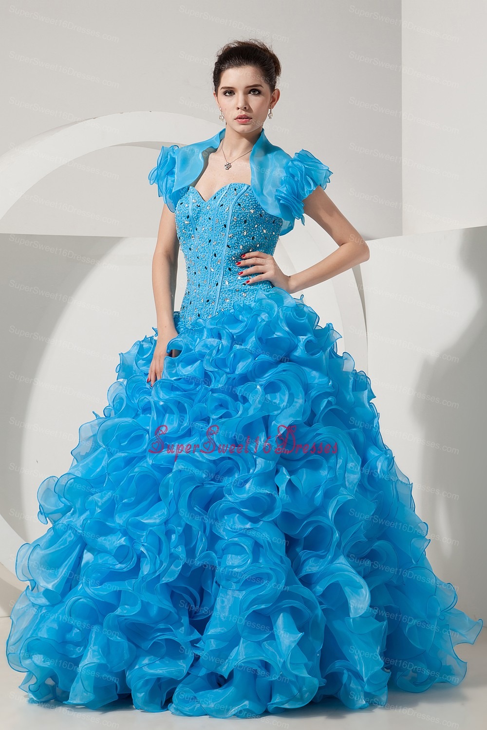 Beautiful Sky Blue / Princess Prom Dress Sweetheart Floor-length Organza Beading