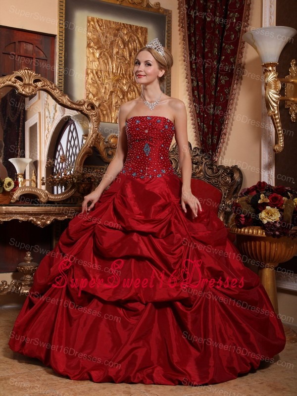 Beautiful Wine Red Sweet 16 Dress Strapless Taffeta Beading Ball Gown