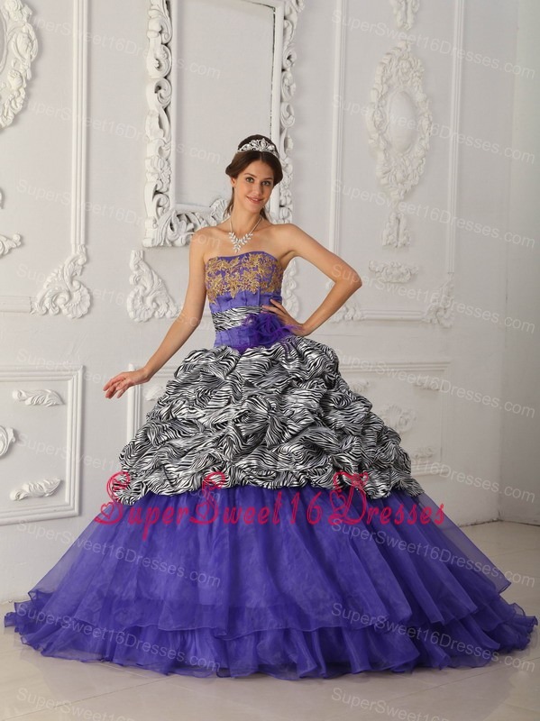 Brand New Purple Sweet 16 Dress Strapless Chapel Train Zebra and Organza Ball Gown