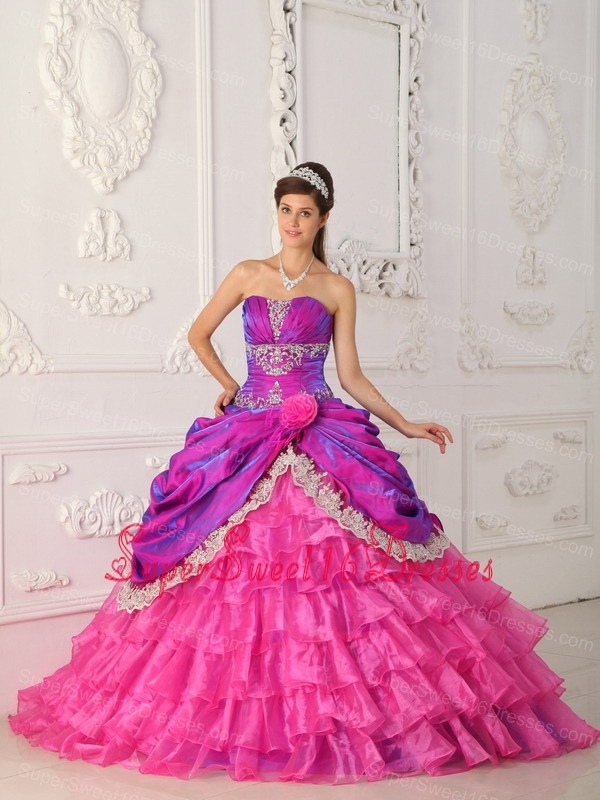 Classical Hot Pink Sweet 16 Dress Strapless Organza and Taffeta Lace and Appliques Ball Gown