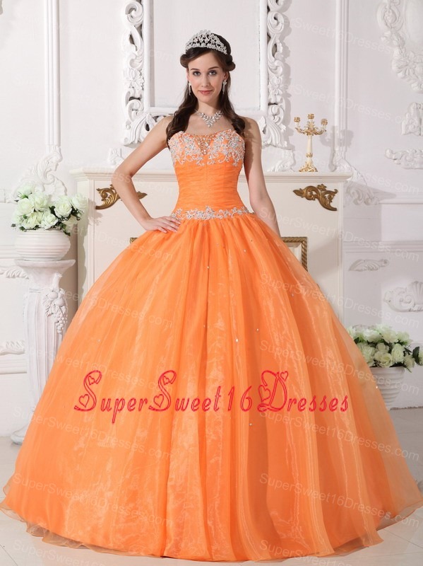 Cute Orange Sweet 16 Dress Strapless Taffeta and Organza Appliques Ball Gown