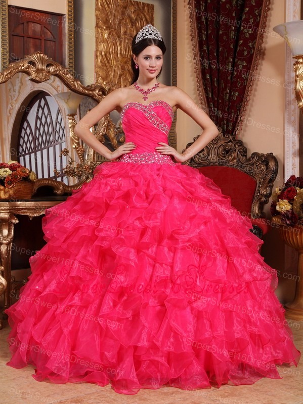 Perfect Coral Red Sweet 16 Dress Sweetheart Organza Beading Ball Gown