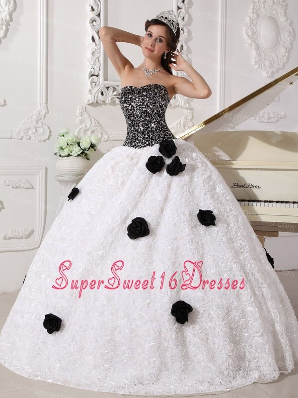 Remarkable White and Black Sweet 16 Dress Strapless Special Fabric Sequins and Hand Made Flowers Ball Gown