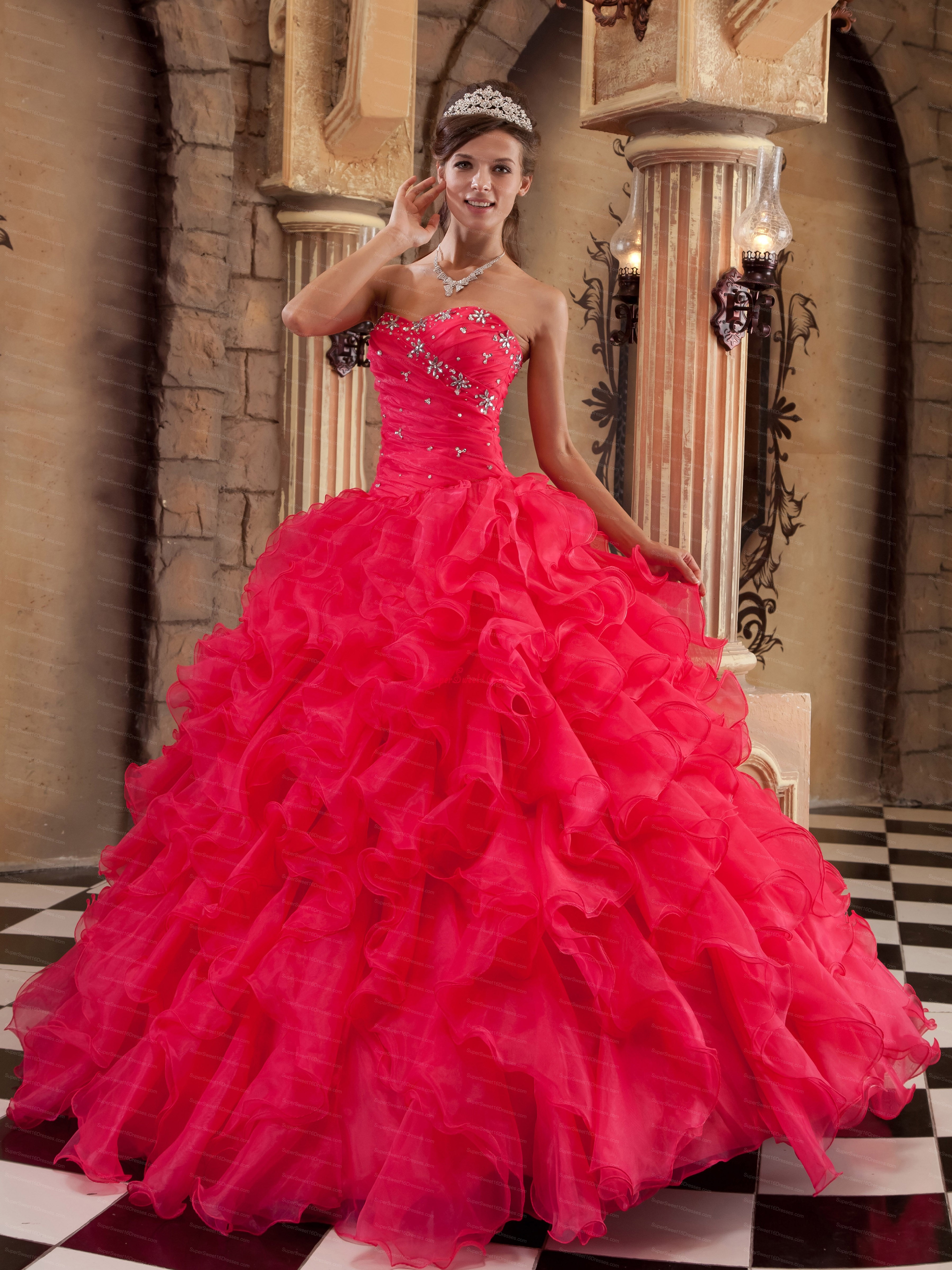 Sexy Coral Red Sweet 16 Quinceanera Dress Sweetheart Ruffles Organza Ball Gown