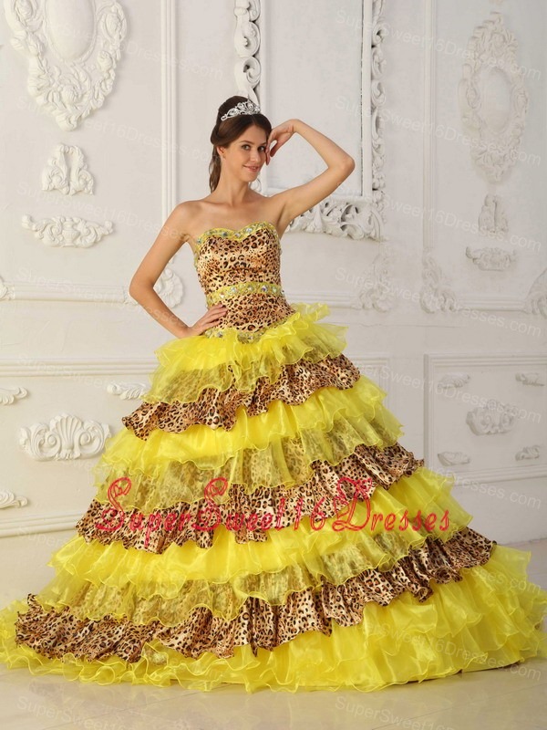 The Most Popular Yellow Sweet 16 Dress Strapless Sweep /Brush Train Leopard and Organza Ruffles A-Line / Princess