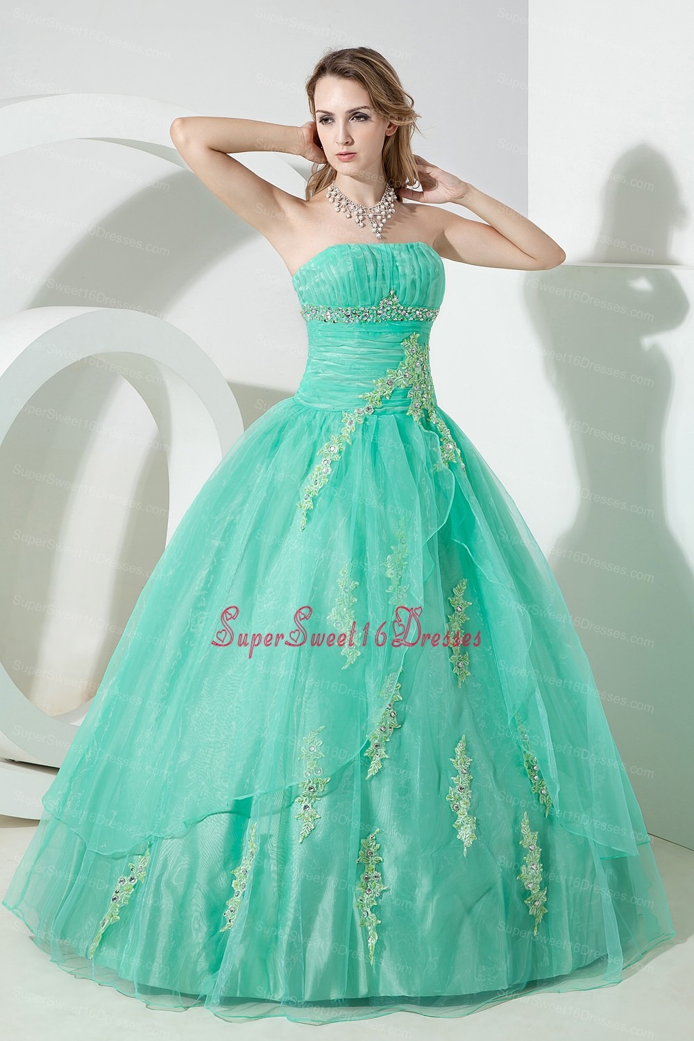 Turquoise Sweet 16 Dress Beading and Embroidery Ball Gown Strapless Floor-length Organza