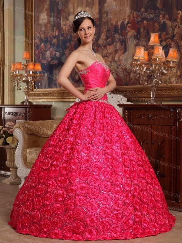 Wonderful Coral Red Sweet 16 Dress Strapless Fabric With Rolling Flowers Appliques Ball Gown