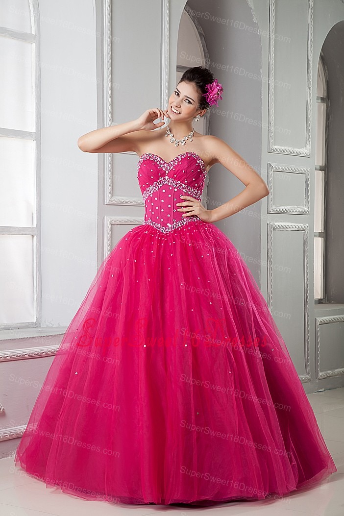 2013 Hot Pink Sweet 16 Dress Ball Gown Sweetheart Tulle Beading Floor-length