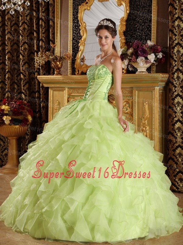 Beautiful Yellow Green Sweet 16 Dress Strapless Satin and Organza Embroidery with Beading Ball Gown