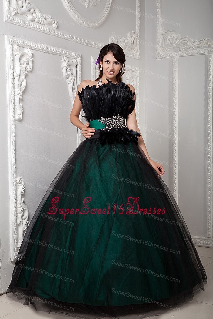 Black and Green Ball Gown Cute Sweet 16 Dress Strapless Tulle Beading and Feather Floor-length