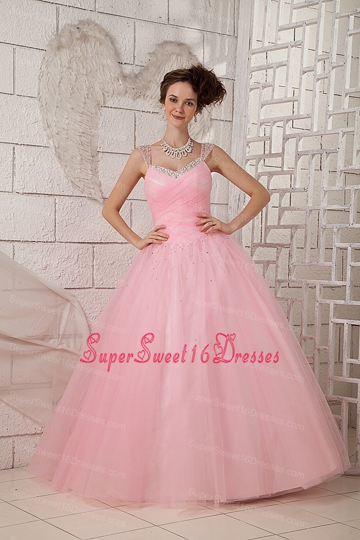 Brand New Pink Ball Gown Straps 15 Quinceanea Dress Tulle Beading Floor-length