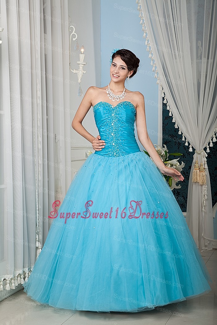Custom Made Aqua 15 Sweet 16 Dress / Princess Sweetheart Tulle Beading Floor-length