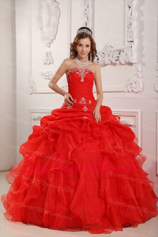 Elegant Red Sweet 16 Dress Strapless Organza Beading And Ruffles Ball Gown