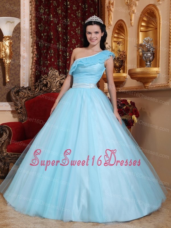 Fashionable Light Blue Sweet 16 Dress One Shoulder Tulle Ruch 