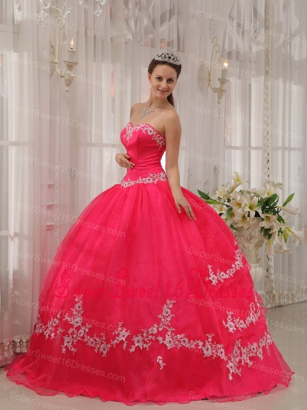 Inexpensive Coral Red Sweet 16 Dress Sweetheart Taffeta and Organza Appliques Ball Gown