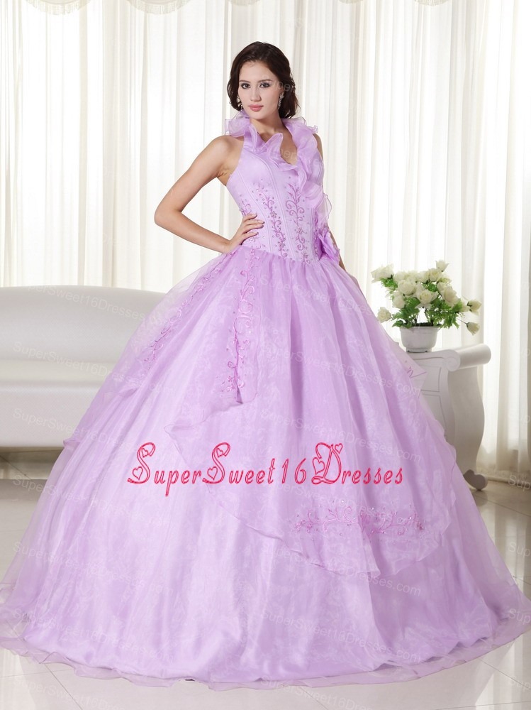 Lavender Ball Gown Halter Floor-length Chiffon Embroidery and Beading Sweet 16 Dress