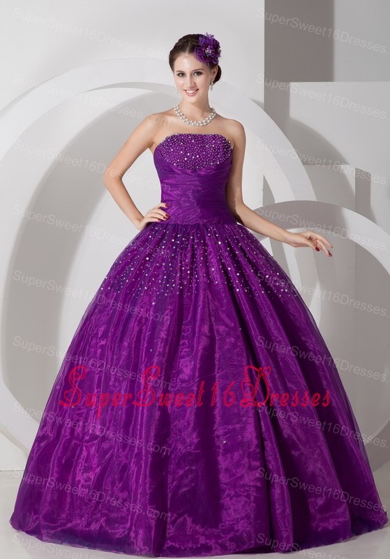 Lovely Purple Strapless Sweet 16 Dress Tulle Ruch and Beading Floor-length