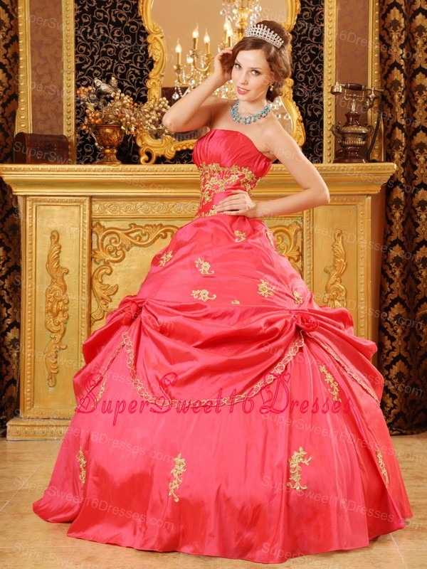Modern Red Sweet 16 Dress Strapless Taffeta Beading and Appliques 