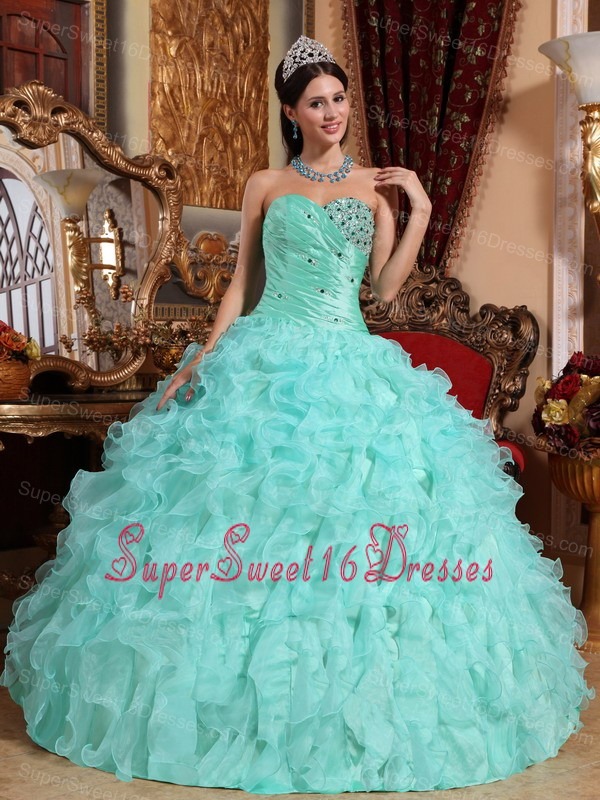 Modest Apple Green Sweet 16 Dress Sweetheart Organza Beading and Ruffles Ball Gown