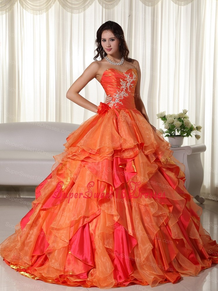 Orange Ball Gown Sweetheart Floor-length Organza Appliques Sweet 16 Dress