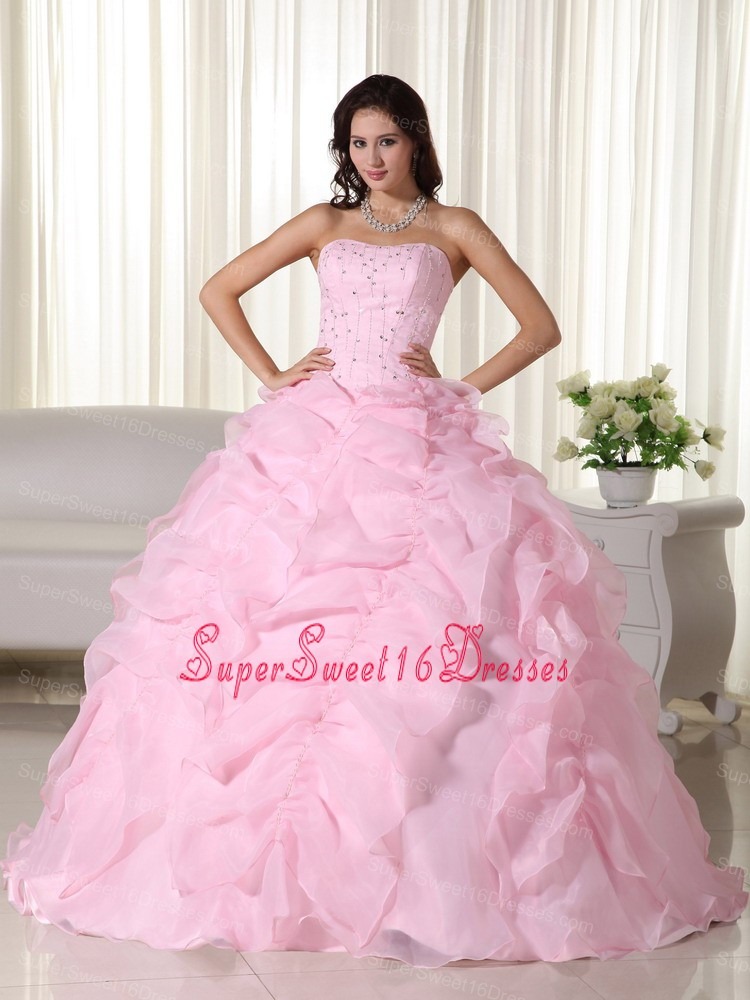 Baby Pink Ball Gown Strapless Floor-length Organza Beading Sweet 16 Dress