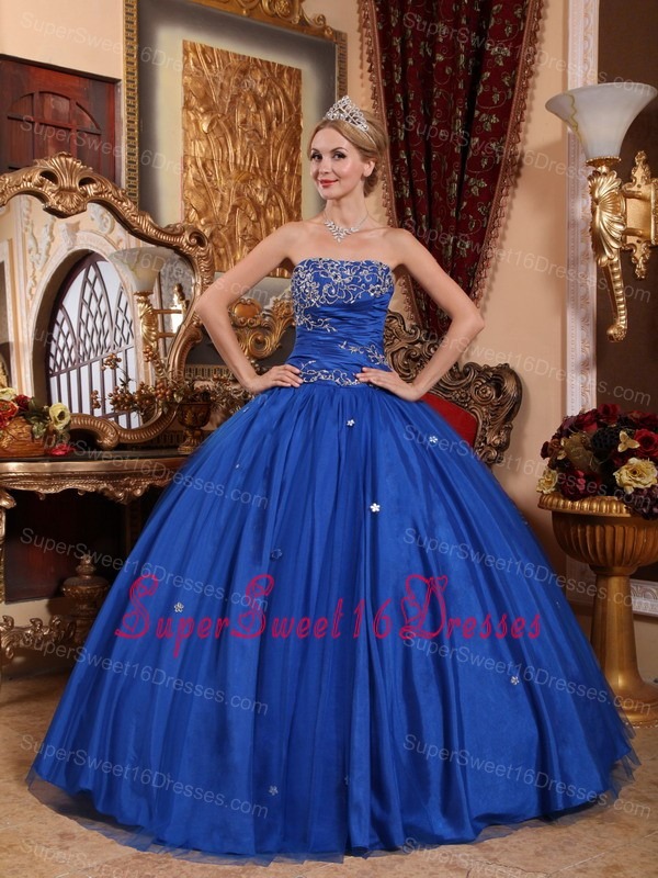 Popular Blue Sweet 16 Dress Strapless Taffeta and Tulle Appliques Ball Gown