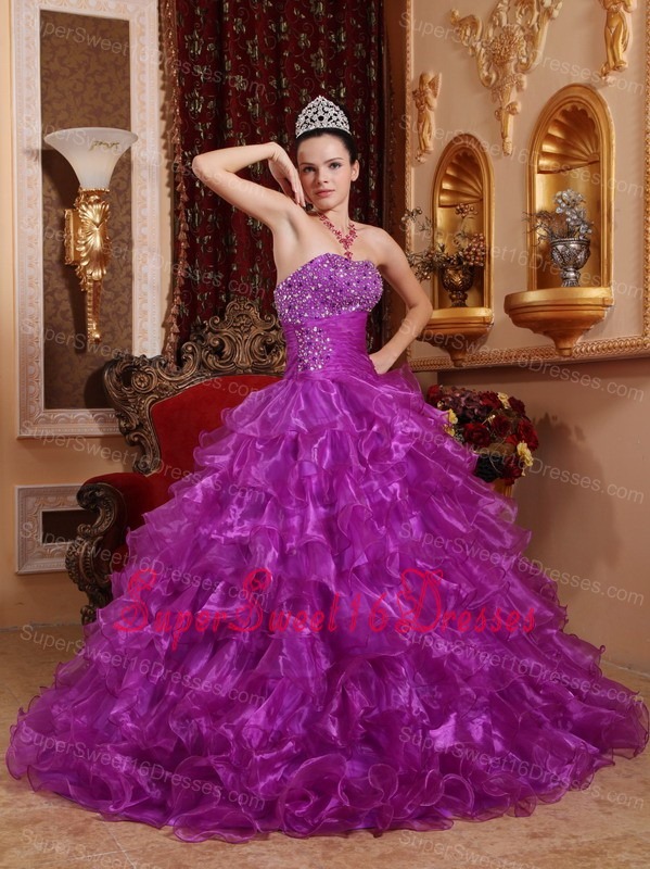 Pretty Purple Sweet 16 Quinceanera Dress Strapless Organza Beading Ball Gown