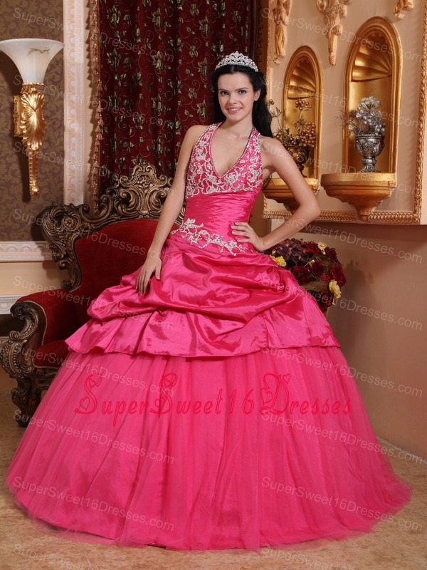 Romantic Hot Pink Sweet 16 Quinceanera Dress Halter Taffeta Appliques Ball Gown