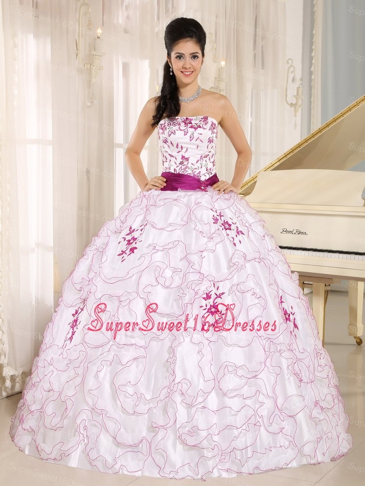 Santa Cruz City White Organza Strapless Military Ball Gowns With Embroidery Decorate