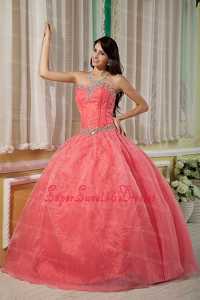 Sexy Watermelon Ball Gown 15 Sweet 16 Dress Sweetheart Organza Beading Floor-length