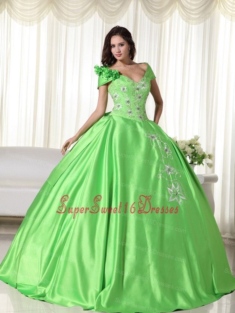 Spring Green Ball Gown Off the Shoulder Floor-length Taffeta Embroidery Sweet 16 Dress