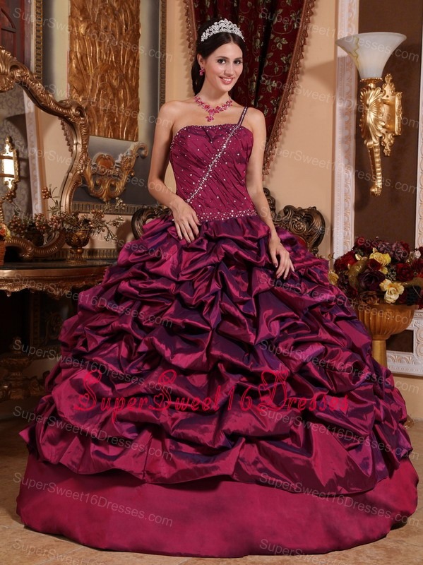 Best Burgundy Sweet 16 Dress One Shoulder Taffeta Pick-ups Ball Gown