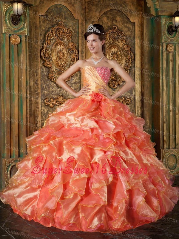 Cheap Orange Sweet 16 Quinceanera Dress Strapless Beading and Ruffles Ball Gown