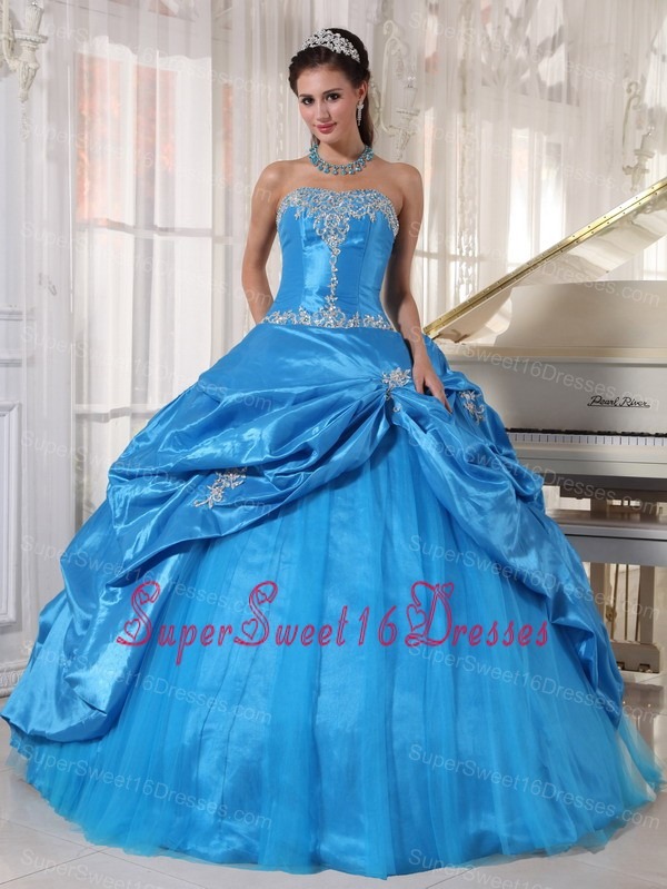 Cheap Sky Blue Sweet 16 Dress Strapless Taffeta and Tulle Appliques Ball Gown