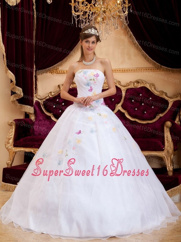 Exquisite White Sweet 16 Dress Strapless Organza Appliques A-Line / Princess