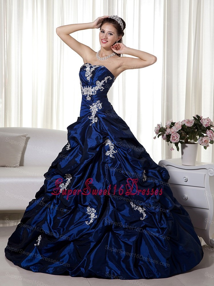 Navy Blue Pretty Sweet 16 Dress Strapless Floor-length Taffeta Appliques
